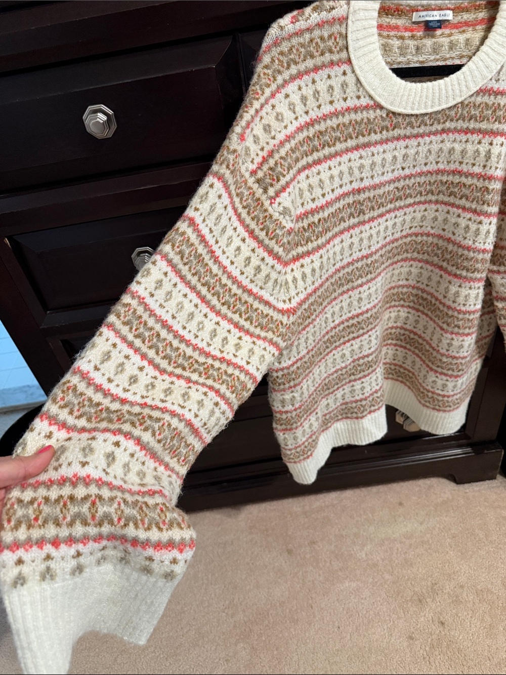 American Eagle Outfitters Cream Fair Isle Crew Sweater with Pink & Tan Stripes - Picture 4 of 10